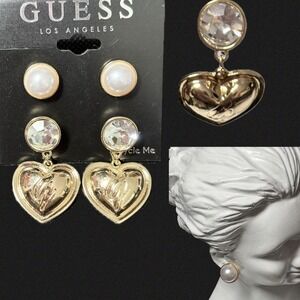 GUESS Gold Tone Heart Logo Initial Drop and Faux Pearl Stud Earring Set 2 Pairs